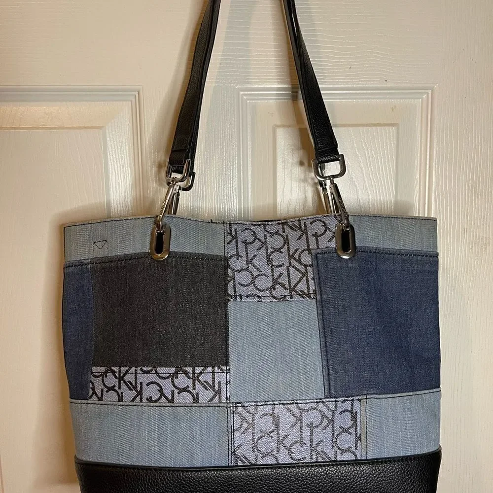 Calvin Klein gray and Bleu denim logo with black synthetic trim large tote